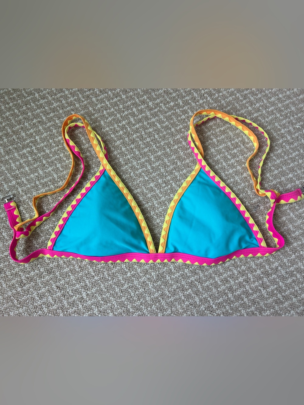 Turquoise Triangle Swim Top with Pink and Yellow Trim